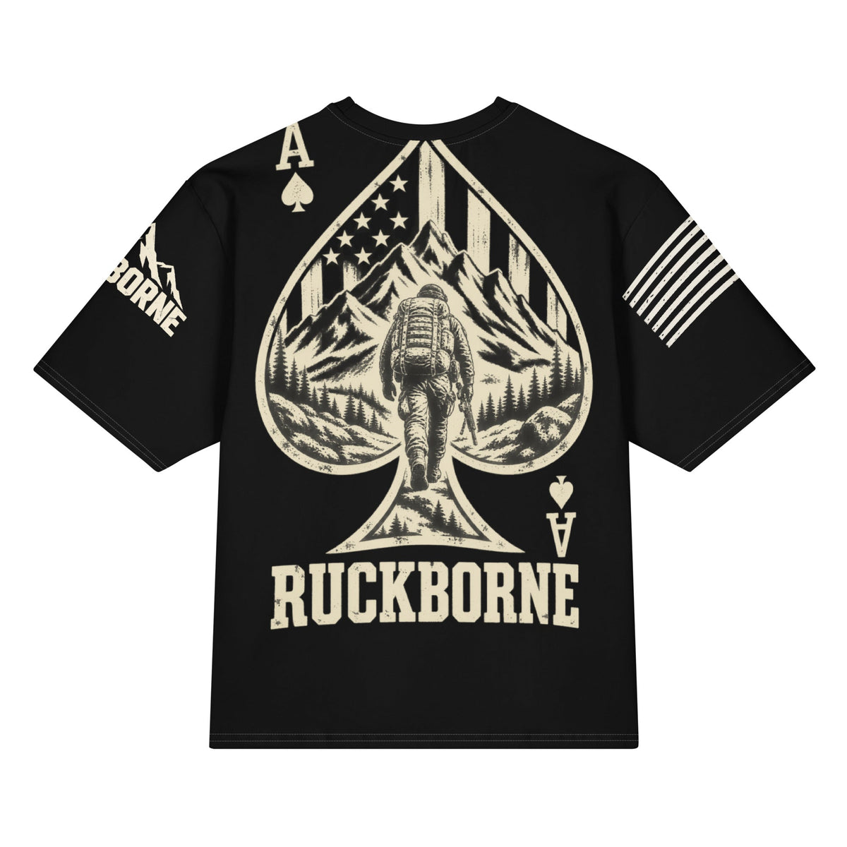 Back view — Ruckborne Spade — Oversized Cotton T-Shirt in black with enlarged cream artwork