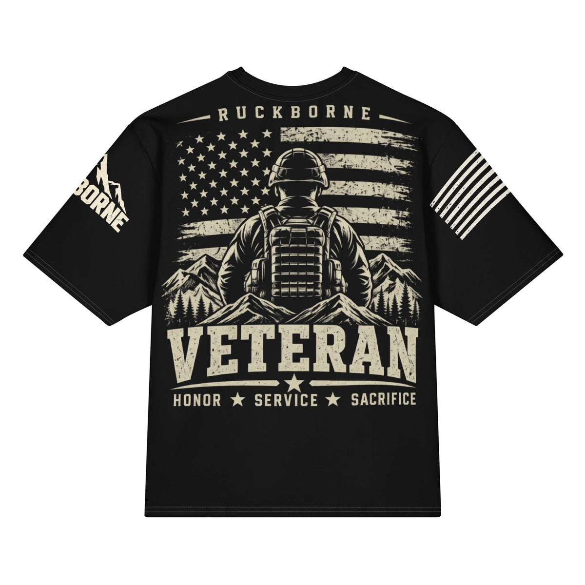 Back view — Ruckborne Veteran — Oversized Cotton T-Shirt in black with enlarged cream artwork