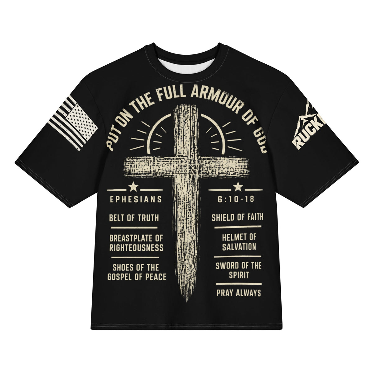 Front view — Ruckborne Armor of God — Oversized Cotton T-Shirt in black with enlarged cream artwork